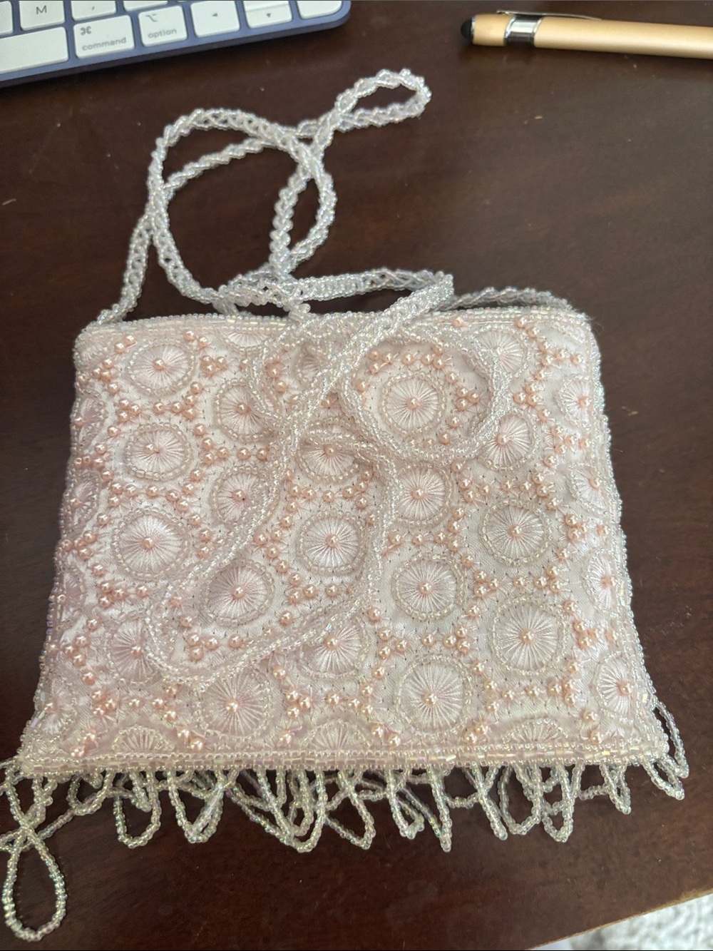 Valerie Stevens Beaded Blush Pink Evening Clutch with Fringe